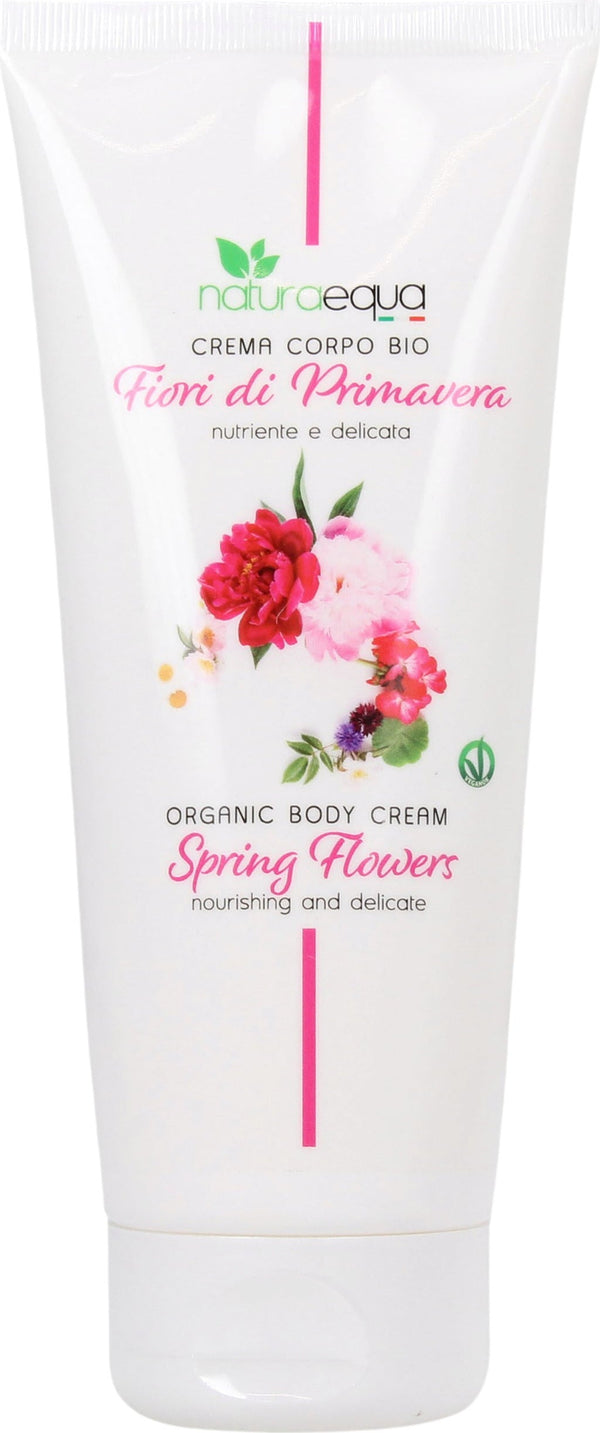 Crema corpo biologica Naturaequa Fiori di Primavera 200ml idratante nutriente con burro di karité olio di argan, per una pelle morbida e radiosa. Certificata AIAB, Vegan OK, Nickel Tested.