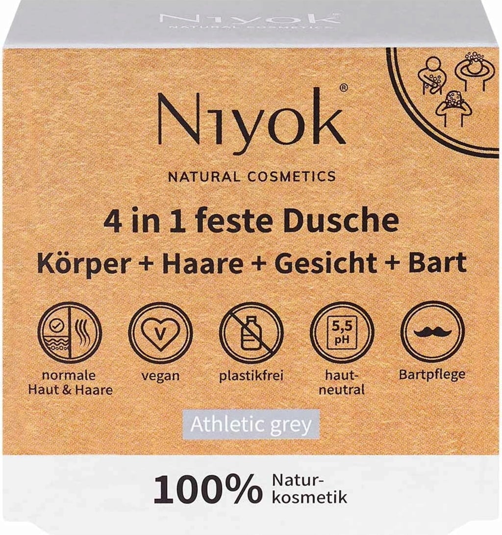 Shampoo doccia solido Niyok Athletic Grey 4in1 per corpo, capelli, viso e barba. Formula vegana e naturale con profumo fresco e sportivo.