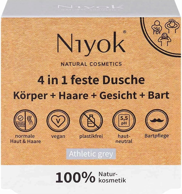 Shampoo Doccia 4in1 solido Niyok Athletic Grey per corpo, capelli, viso e barba. Detergente naturale vegano per uomo, pH neutro, profumo fresco.