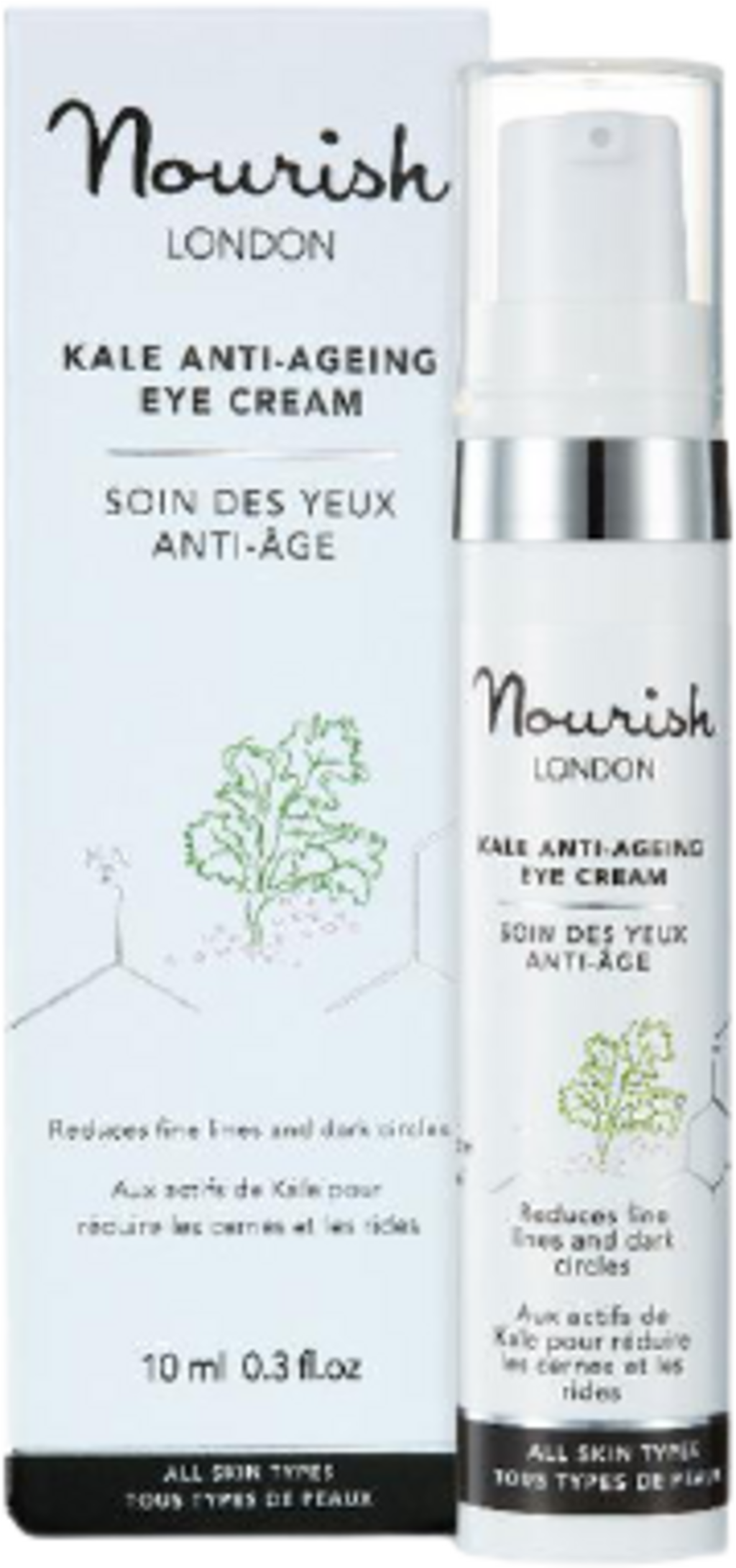Nourish London Kale Anti-Ageing Eye Cream 10ml, crema contorno occhi vegana per rughe e occhiaie, con cavolo, maqui e melograno. Certificato bio, senza alcool.