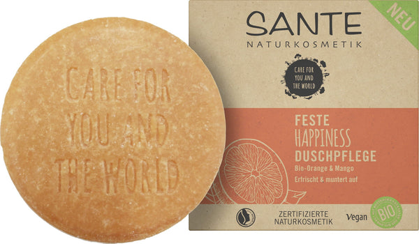 Gel doccia solido Happiness SANTE con arancia bio e mango, detergente corpo naturale per una pelle radiosa e idratata. Zero waste, certificato NaTrue.