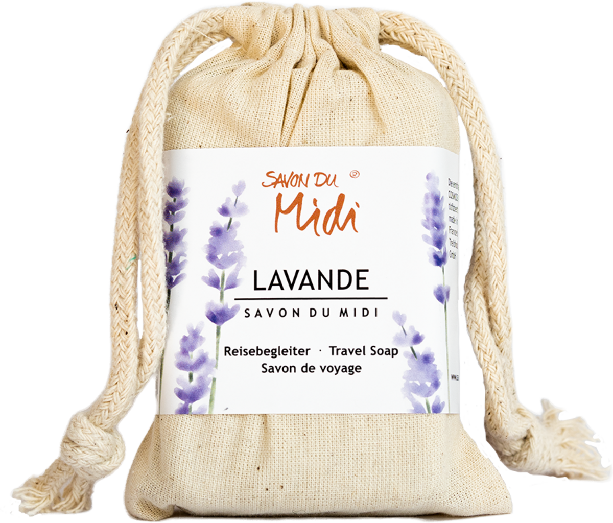 Set Sapone da Viaggio Savon du Midi con sapone al burro di karité, scatola in alluminio e sacchetto in cotone. Profumo lavanda.