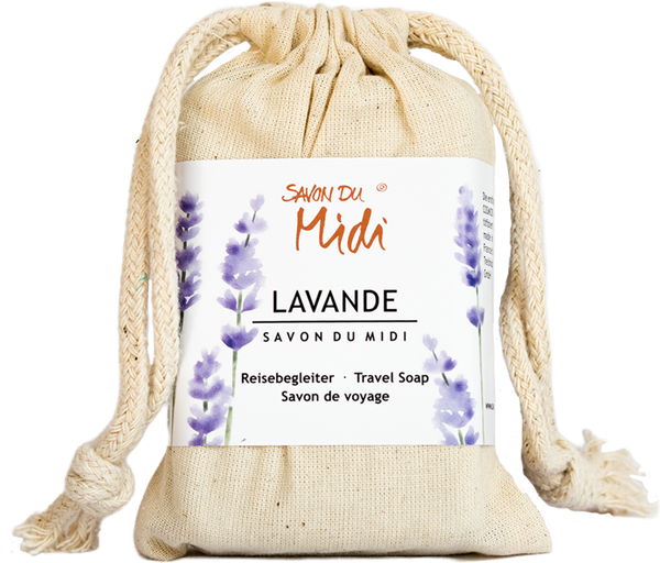 Set Sapone da Viaggio Savon du Midi con sapone al burro di karité, scatola in alluminio e sacchetto in cotone. Profumo lavanda.