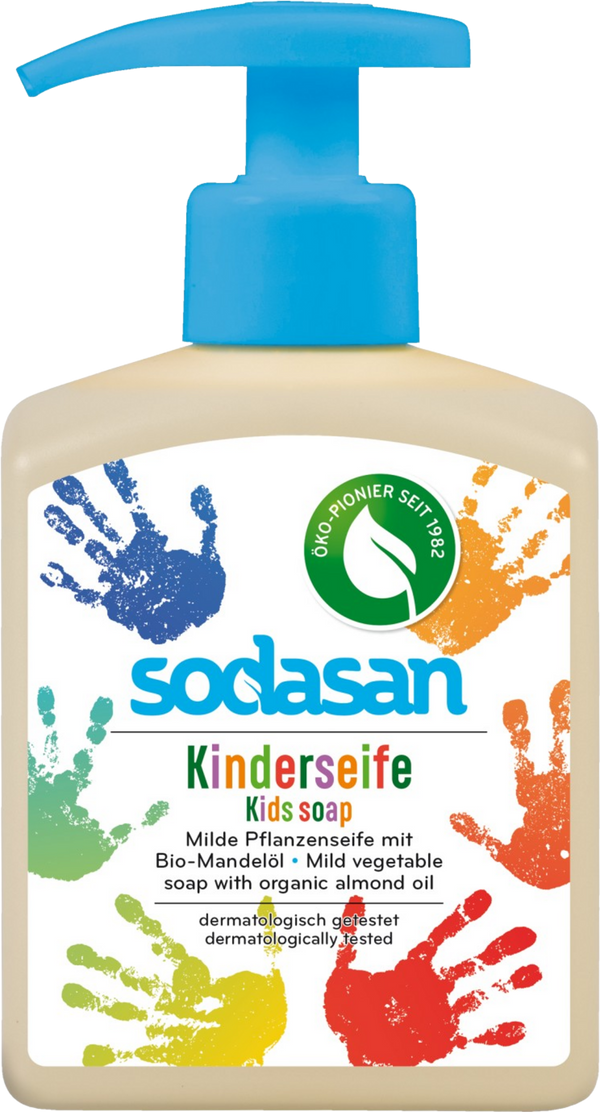 Sapone Bio per Bambini SODASAN 300ml, formula delicata con oli di mandorla e oliva, ideale per pelle sensibile.