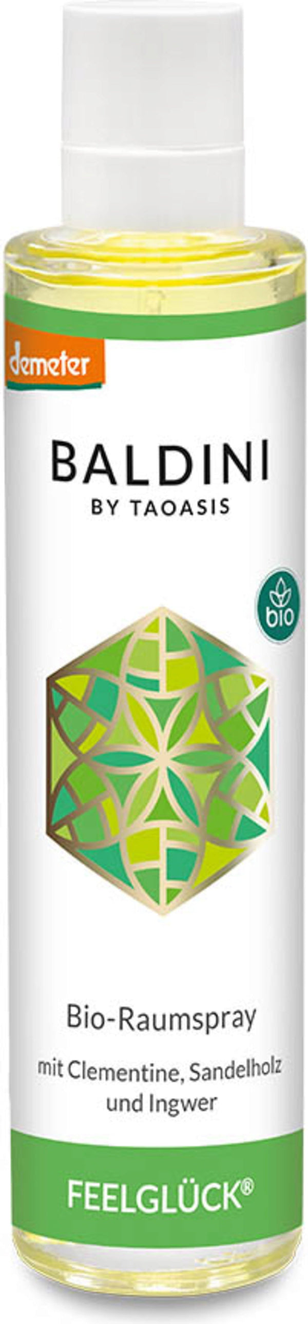 Flacone di spray ambiente biologico TAOASIS "Profumo della Fortuna", 50ml, con etichetta verde e note aromatiche di clementine, zenzero e legno di sandalo.