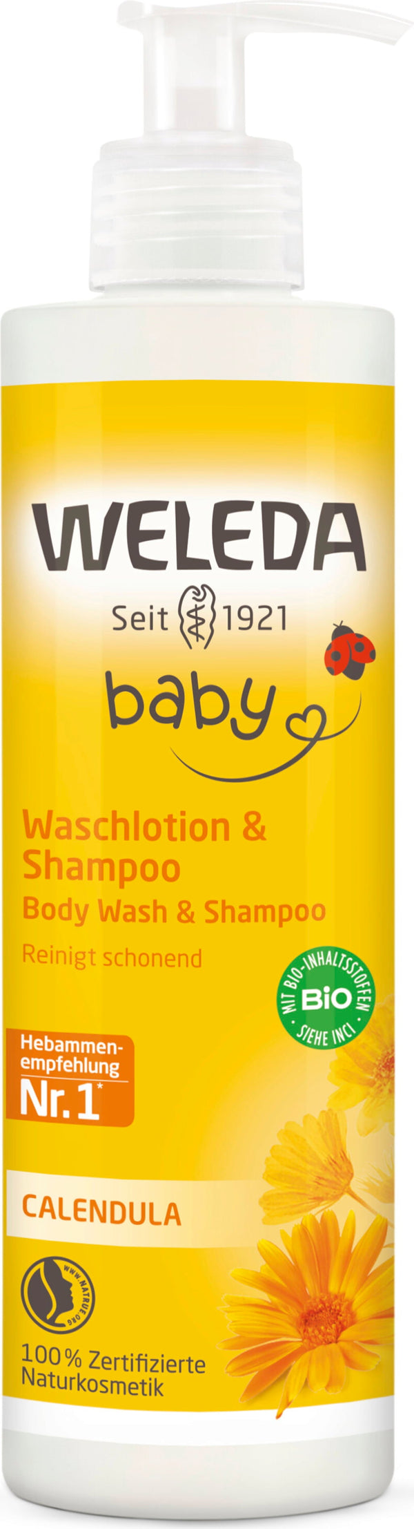 Weleda Calendula Lozione Lavante & Shampoo 400 ml, per neonati e bambini, formula bio delicata e senza sapone per pelle sensibile. Ideale per un bagnetto sereno e idratante. Prodotto vegano certificato NaTrue.