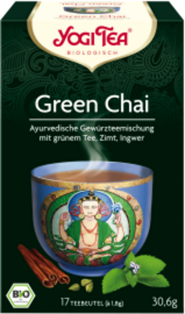 Tè Chai Verde Biologico Yogi Tea, miscela ayurvedica rinfrescante con menta, zenzero e cardamomo per benessere e armonia. Confezione senza plastica. VeroBelloBio.